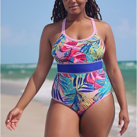 NWOT VENUS Diamond‎ Stitch One-Piece Summer Leaves Sz18 - Picture 1 of 11